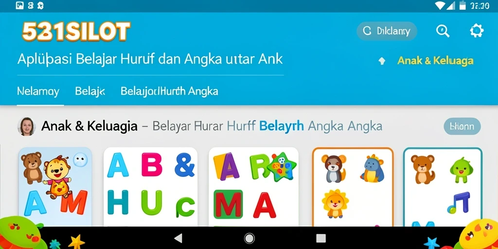 Screenshot utama 531SLOT menampilkan antarmuka yang cerah dan interaktif untuk belajar huruf dan angka.